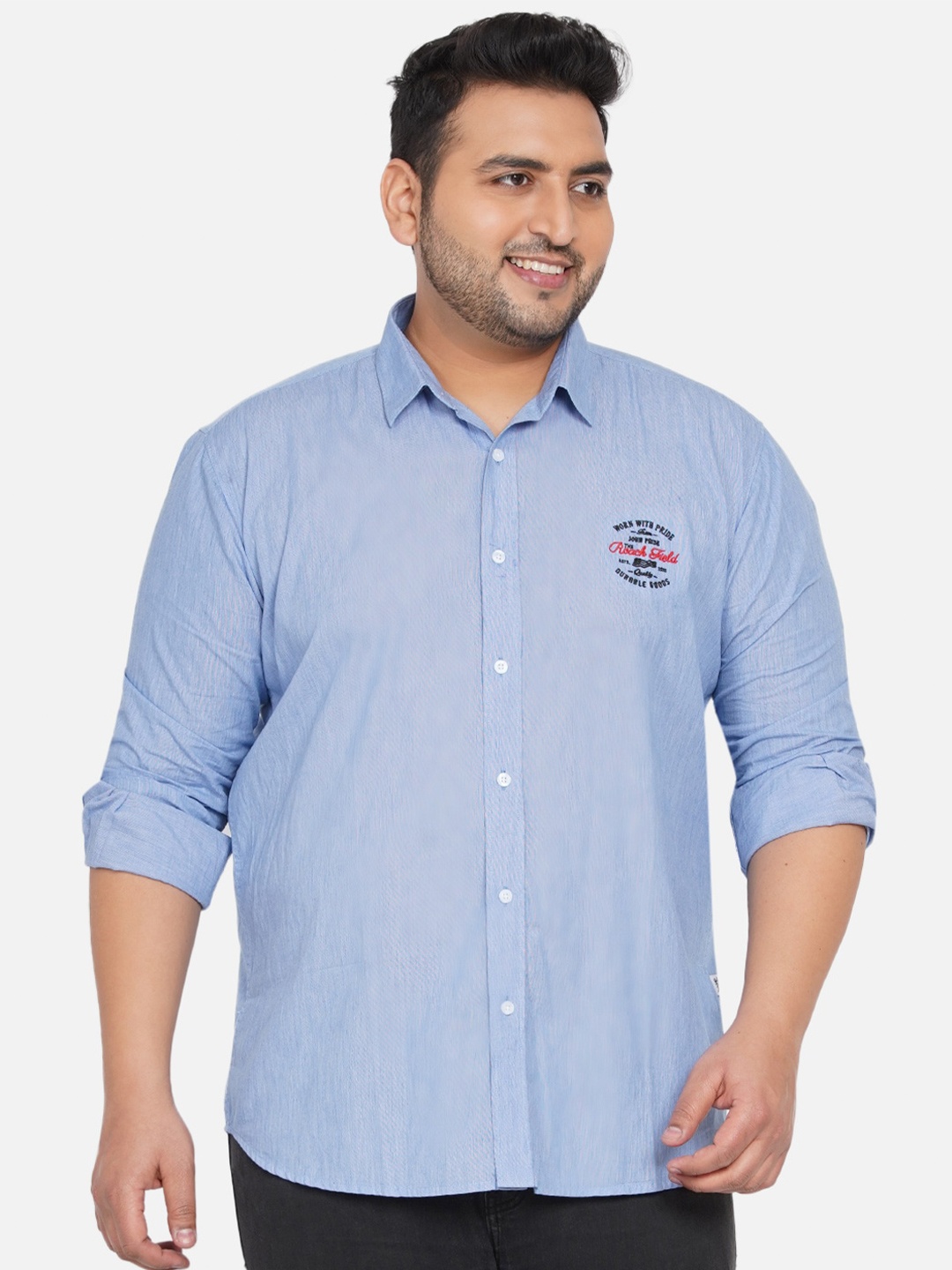 

John Pride Men Plus Size Blue Embroidered Plus Size Casual Shirt