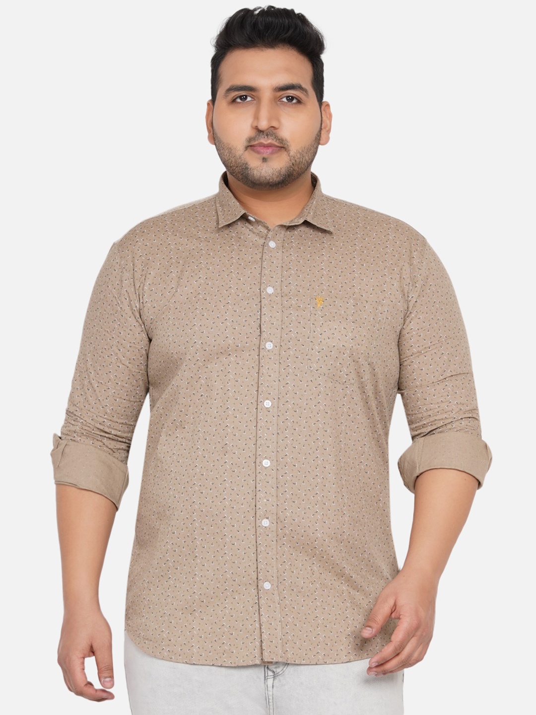 

John Pride Men Plus Size Beige Printed Cotton Casual Shirt