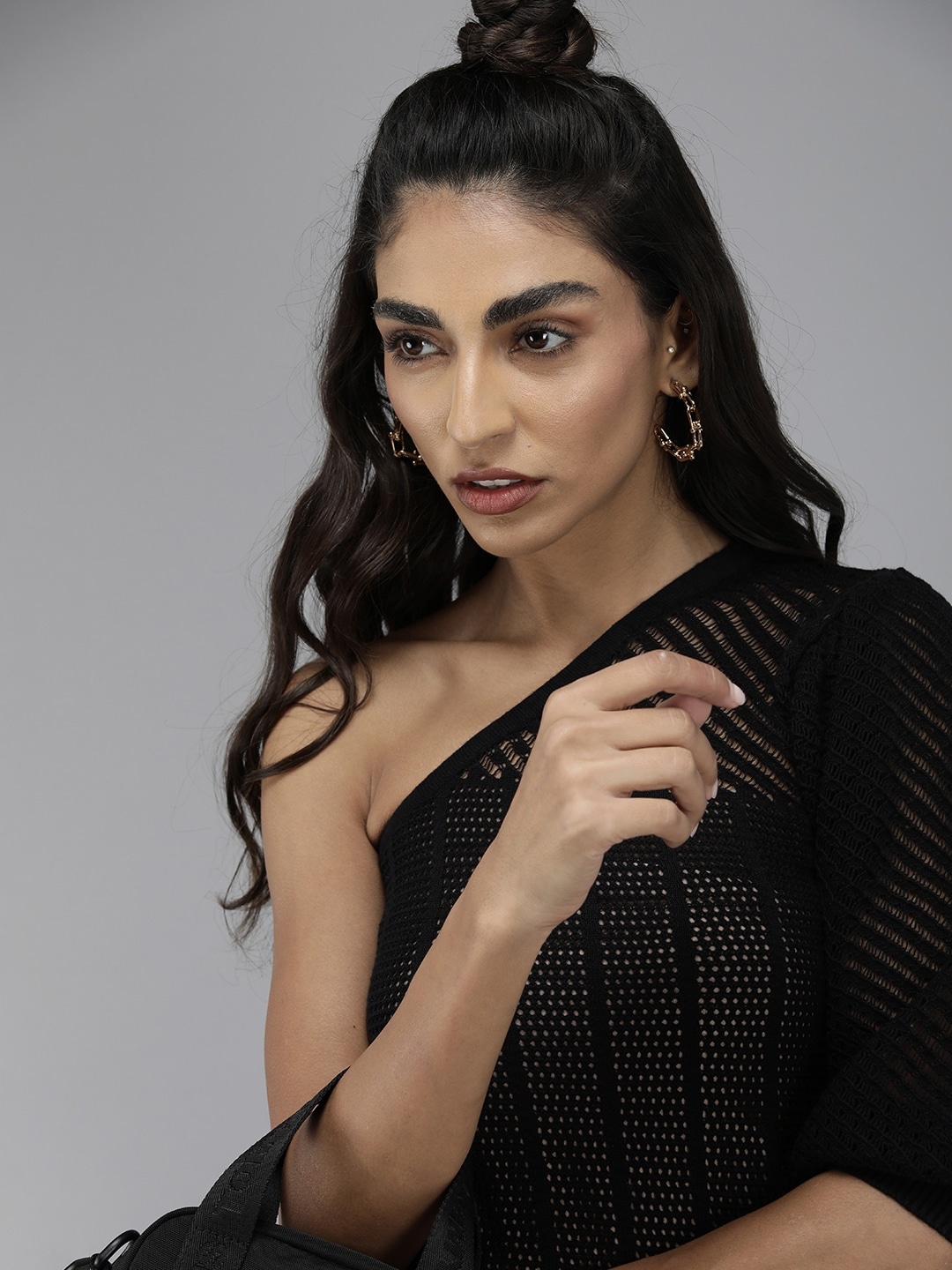

Roadster Women Black Self-Designed Puff Sleeves One-Shoulder Top