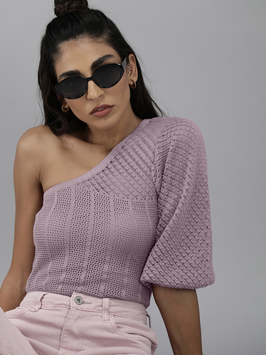

Roadster Women Lavender Self-Designed Puff Sleeves One-Shoulder Top