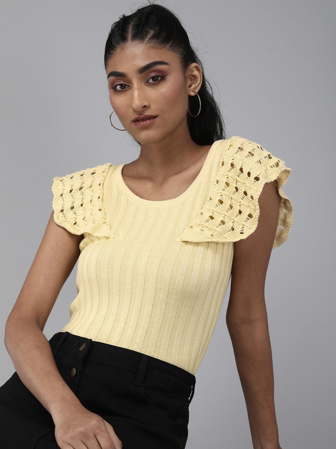

Roadster Yellow Vertical Stripes Self Design Flared Sleeves Knits Pure Cotton Top
