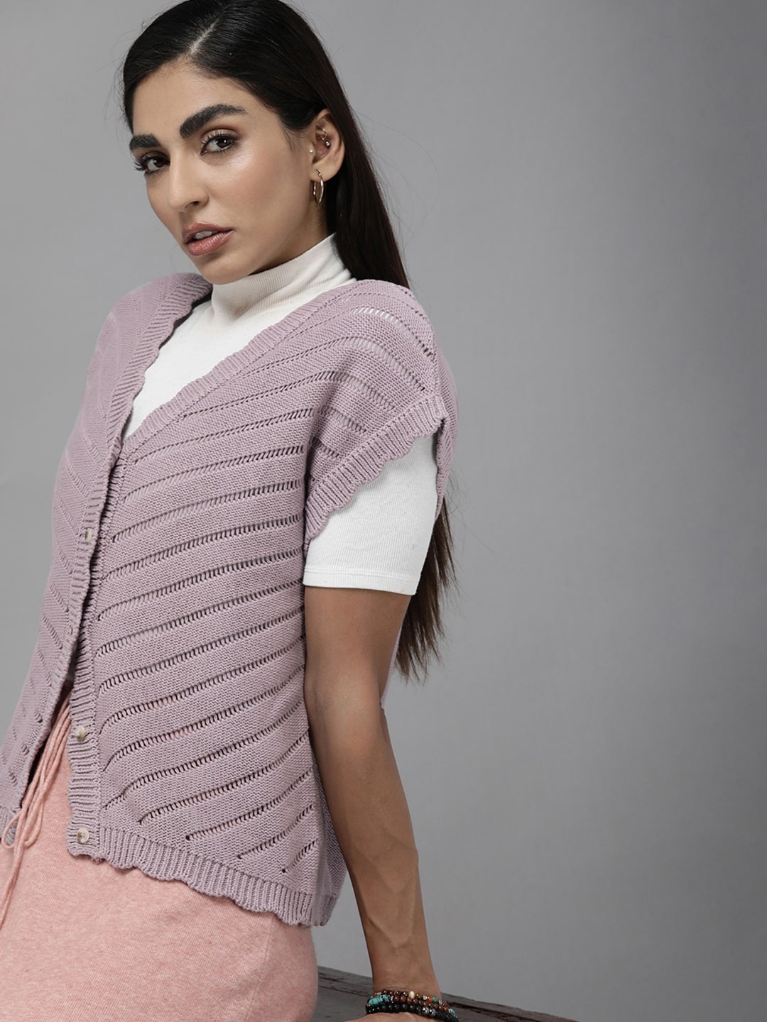 

The Roadster Lifestyle Co. Lavender Pure Cotton Striped Extended Sleeves Crochet Top