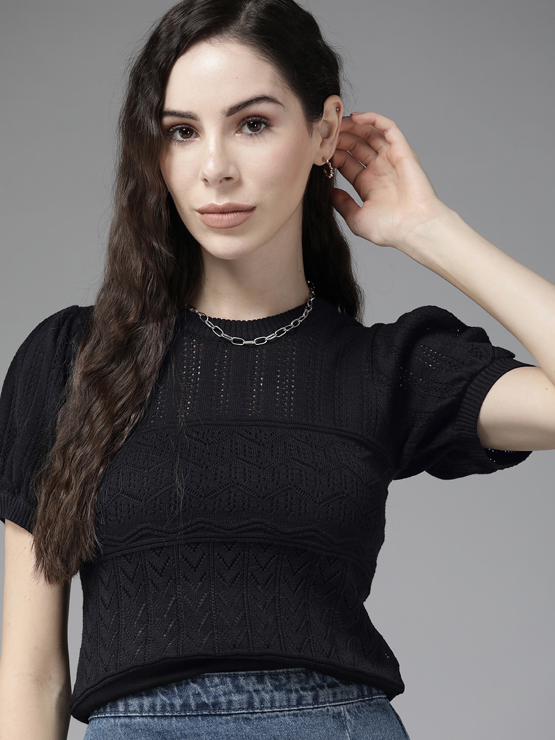 

Roadster Black Self Design Crochet Puff Sleeves Top