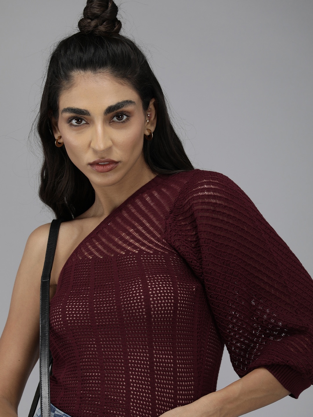 

Roadster Women Maroon Self-Designed Puff Sleeves One-Shoulder Top