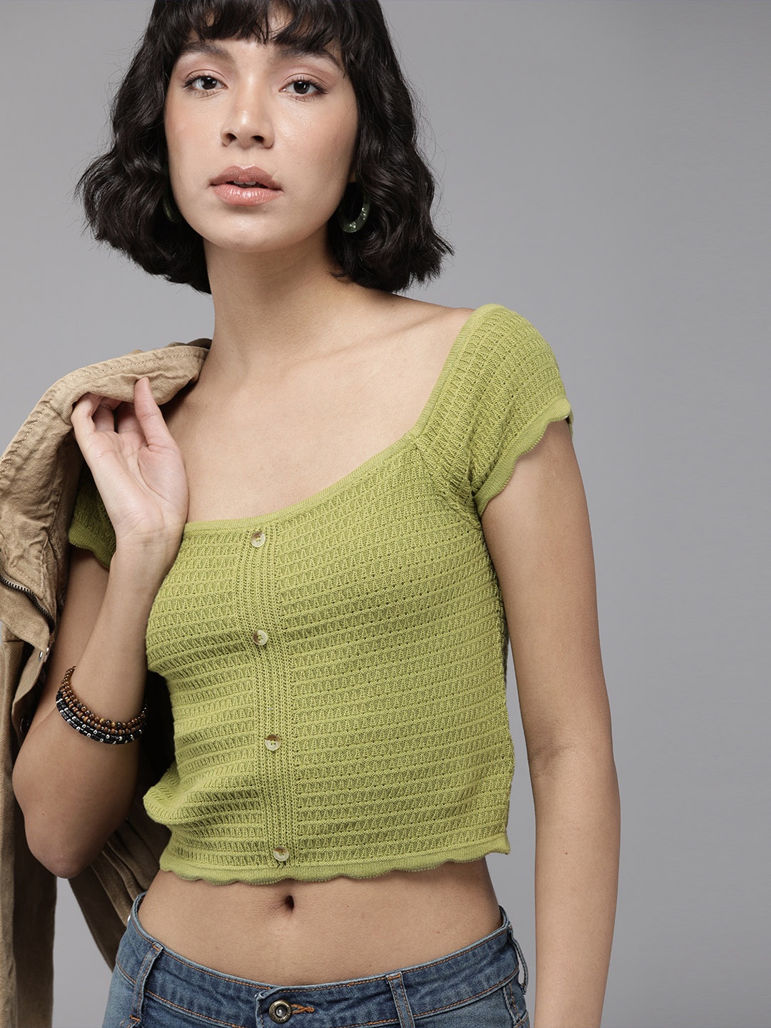 

The Roadster Lifestyle Co. Women Green Self Designed Pure Cotton Crochet Crop Top