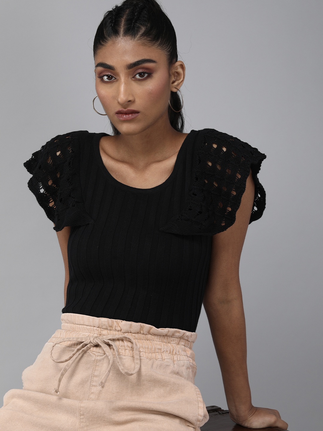 

Roadster Black Vertical Stripes Self Design Flared Sleeves Knits Pure Cotton Top
