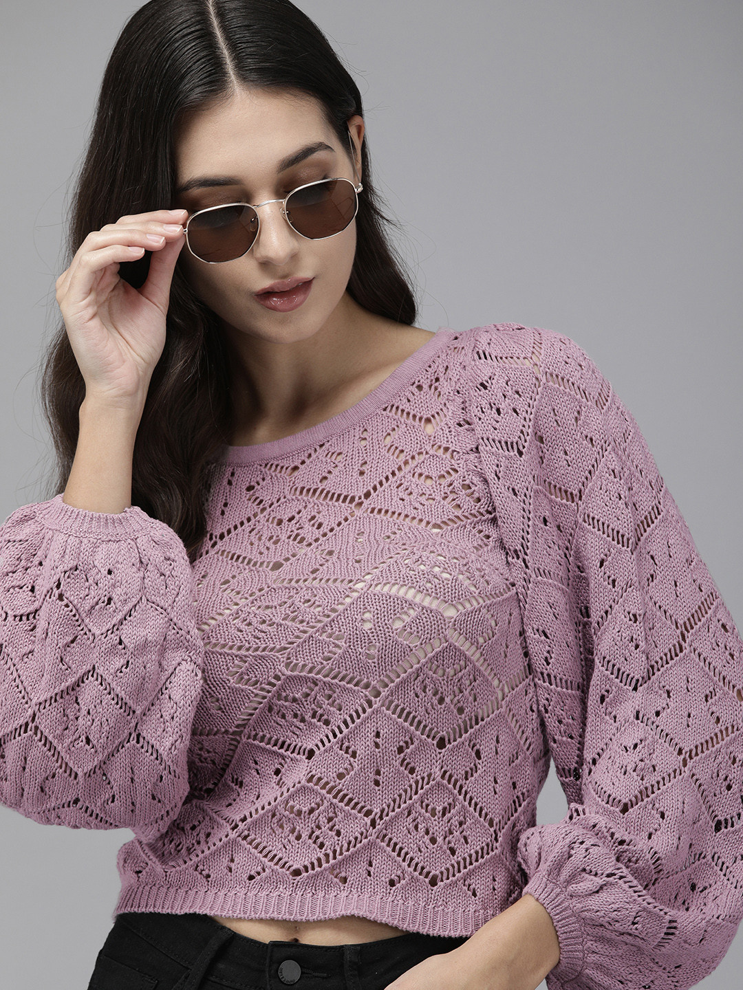

The Roadster Life Co. Pink Light Green Geometric Pattern Pure Cotton Open-Knitted Top