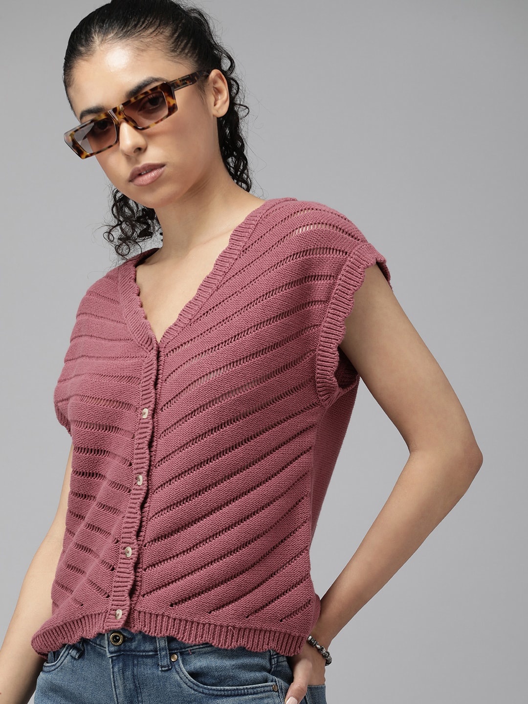

The Roadster Lifestyle Co. Pure Cotton Open Knitted Extended Sleeves Crochet Top, Rose