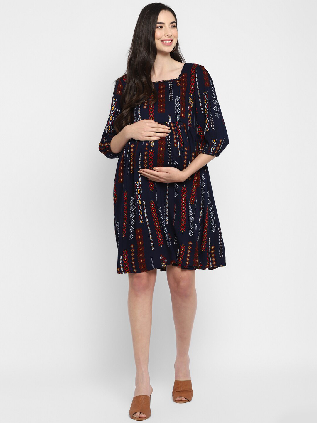 

Momsoon Maternity Navy Blue & Red Printed Maternity Nursing Dress