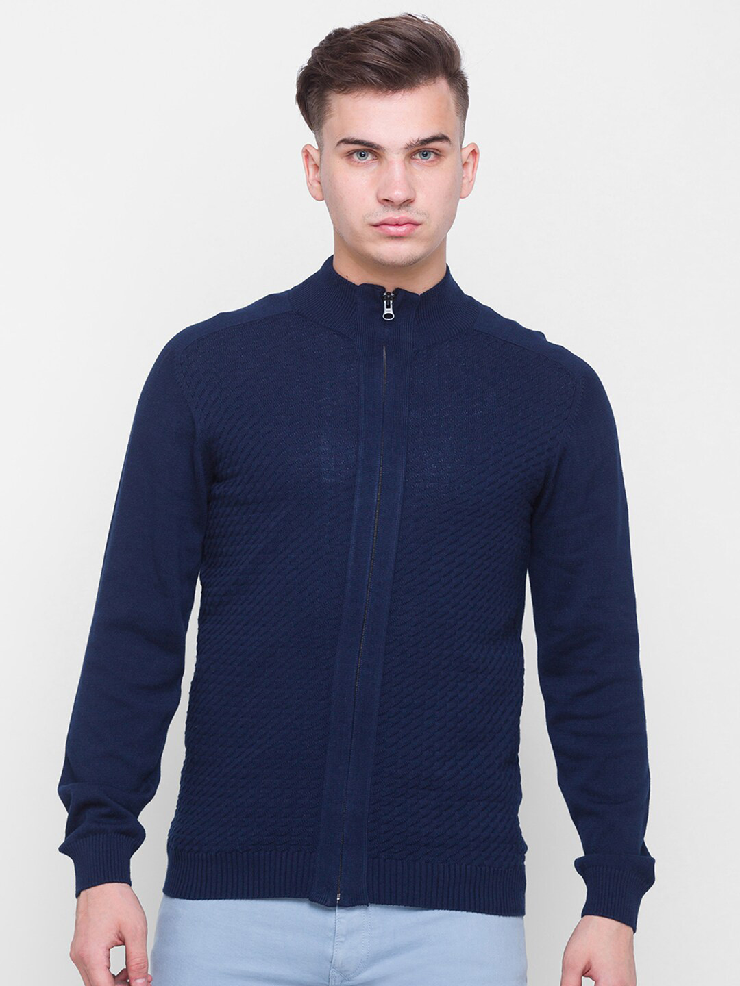 

Globus Men Navy Blue Self Design Pure Cotton Cardigan