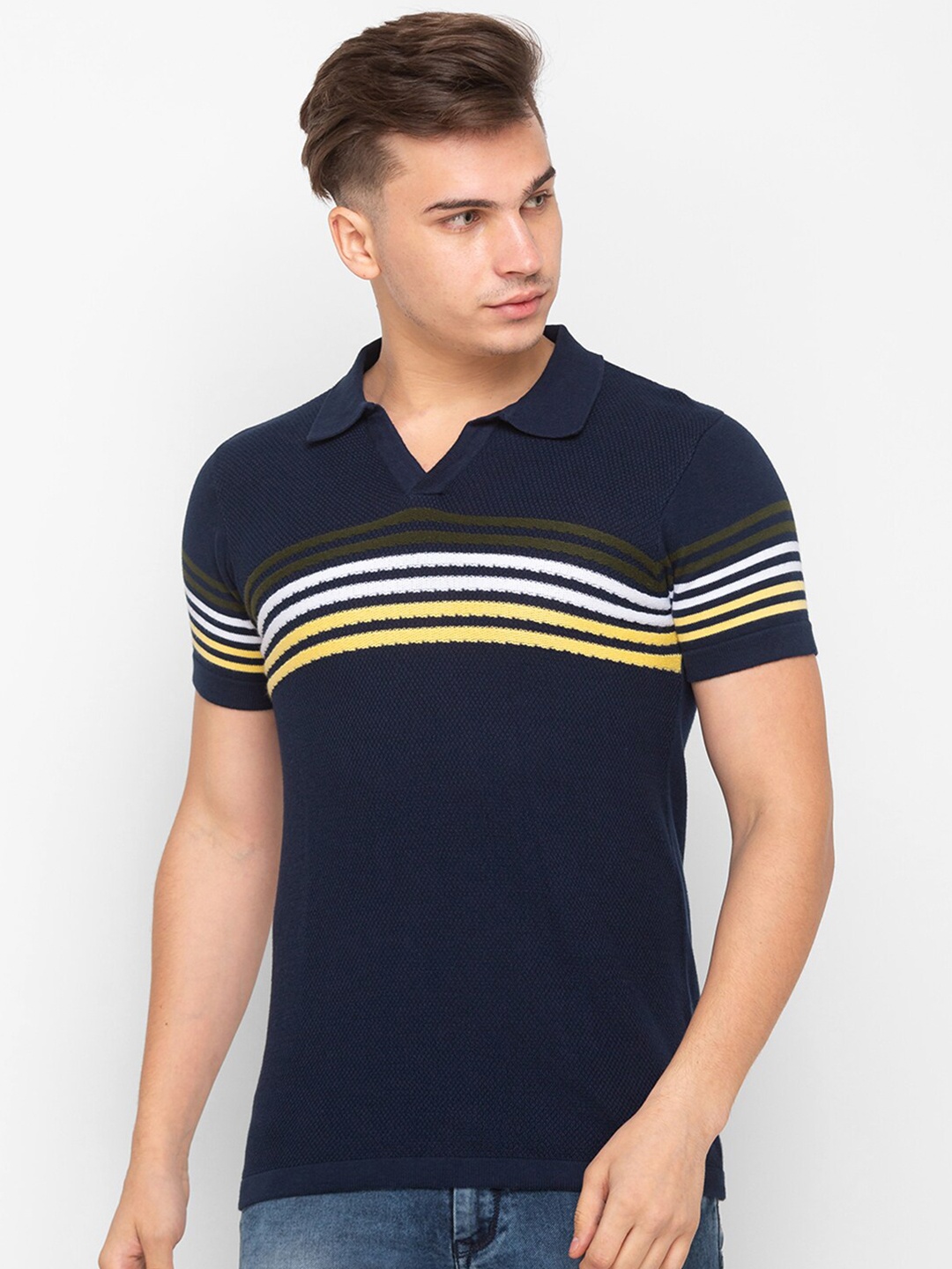 

Globus Men Navy Blue Striped Pure Cotton Sweaters