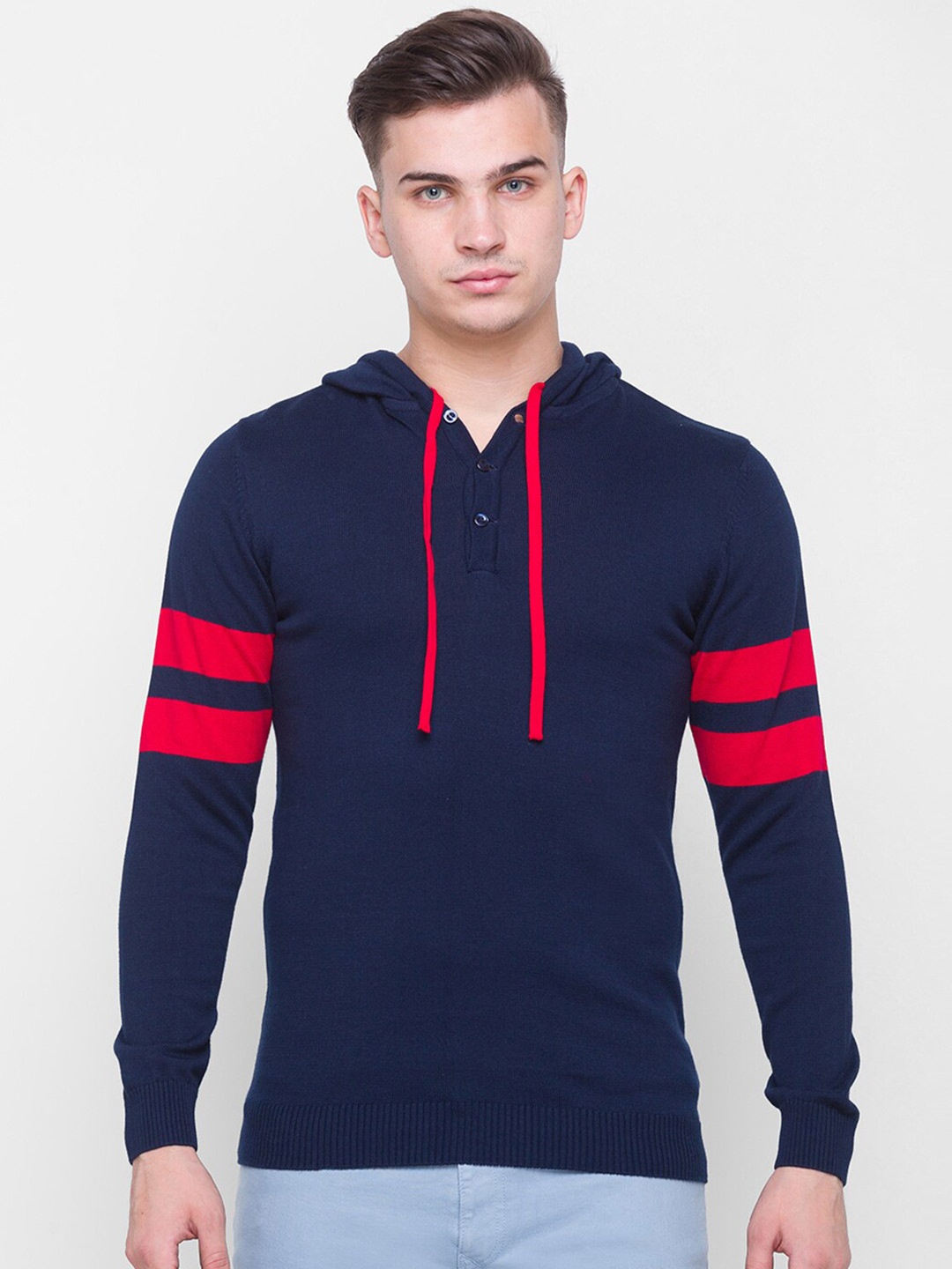 

Globus Men Navy Blue & Red Cotton Colourblocked Hooded Pullover