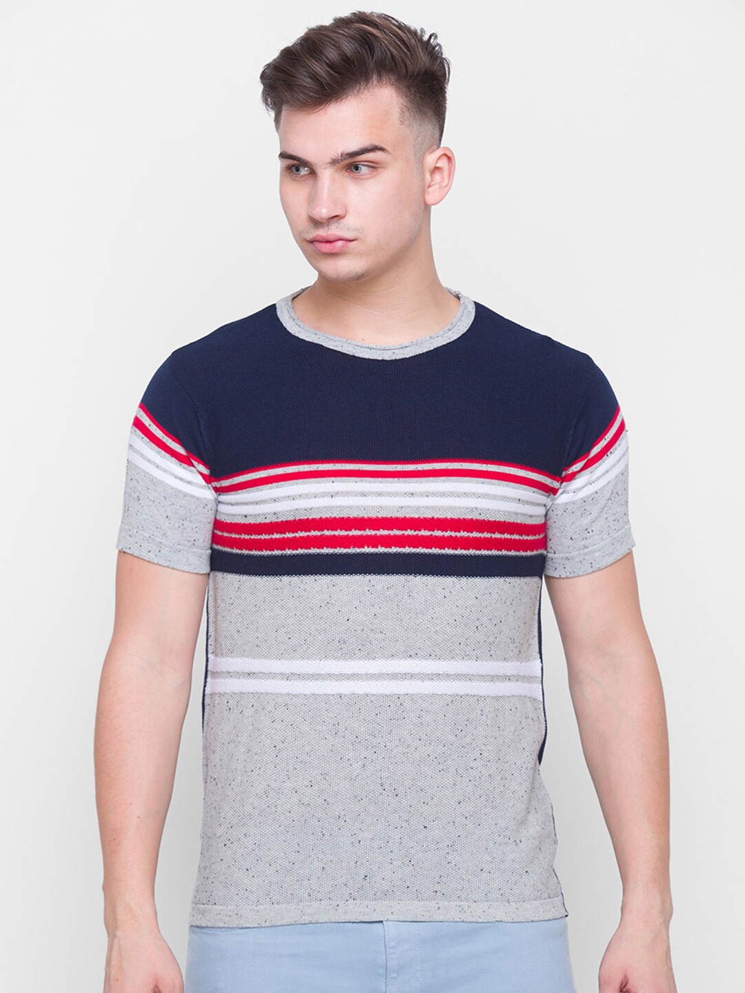 

Globus Men Grey & Navy Blue Striped Pure Cotton Pullover