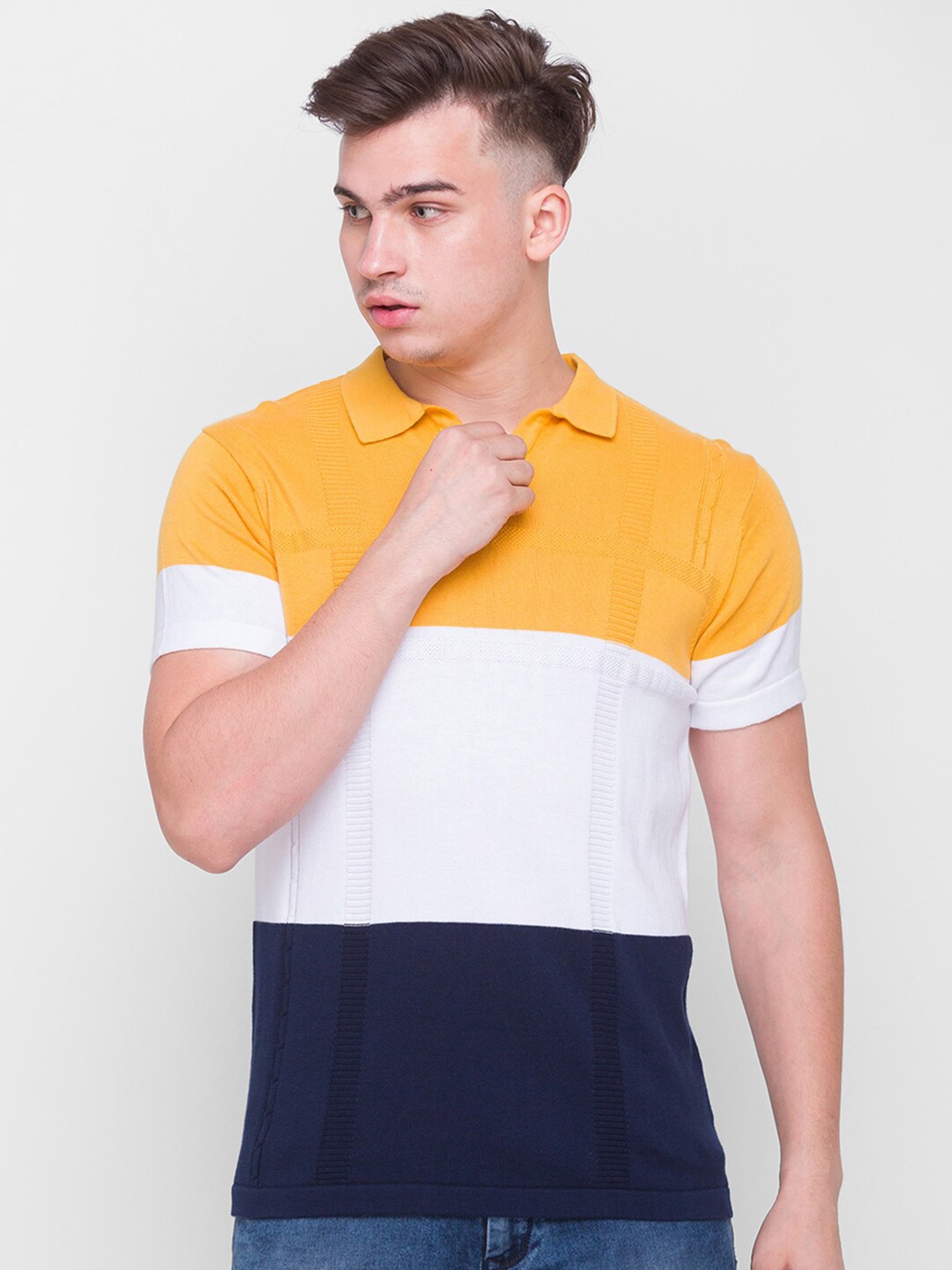 

Globus Men Mustard & White Colourblocked Pure Cotton Pullover Sweater