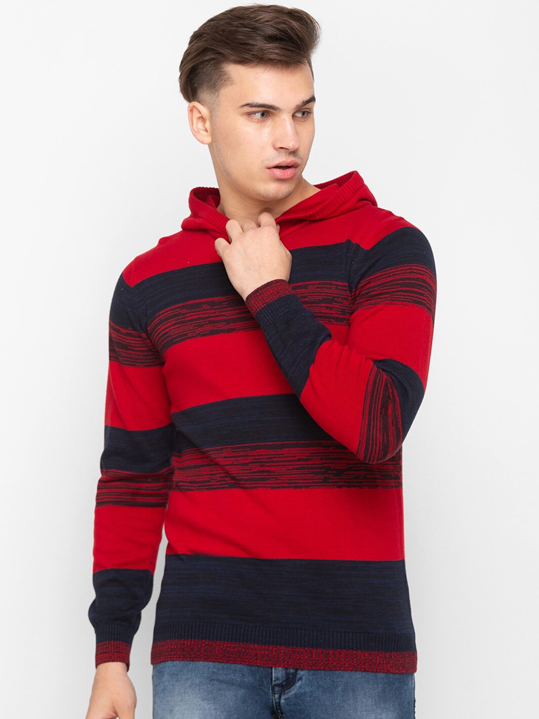 

Globus Men Red & Black Striped Hooded Pure Cotton Pullover