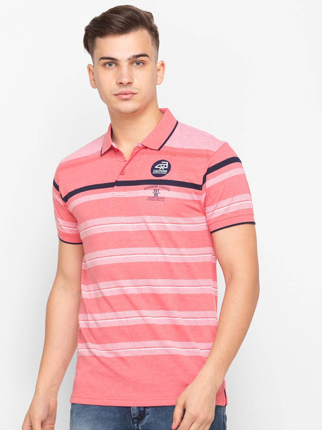 

Globus Men Pink Striped Polo Collar Regular Fit Cotton T-shirt