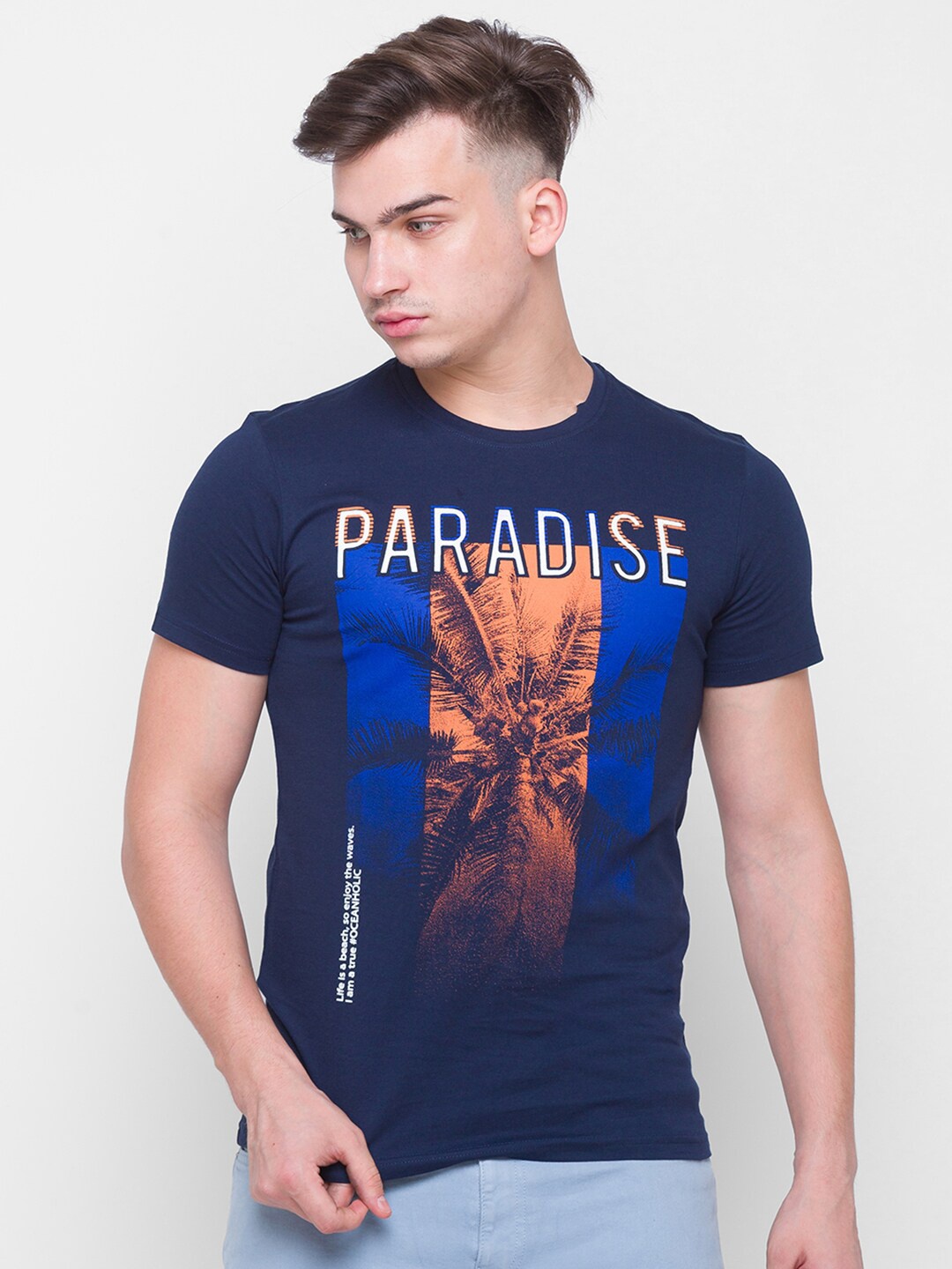 

Globus Men Navy Blue & Mustard Yellow Printed Slim Fit Cotton T-shirt