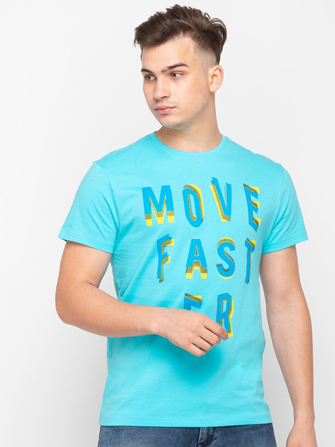 

Globus Men Turquoise Blue Typography Printed T-shirt