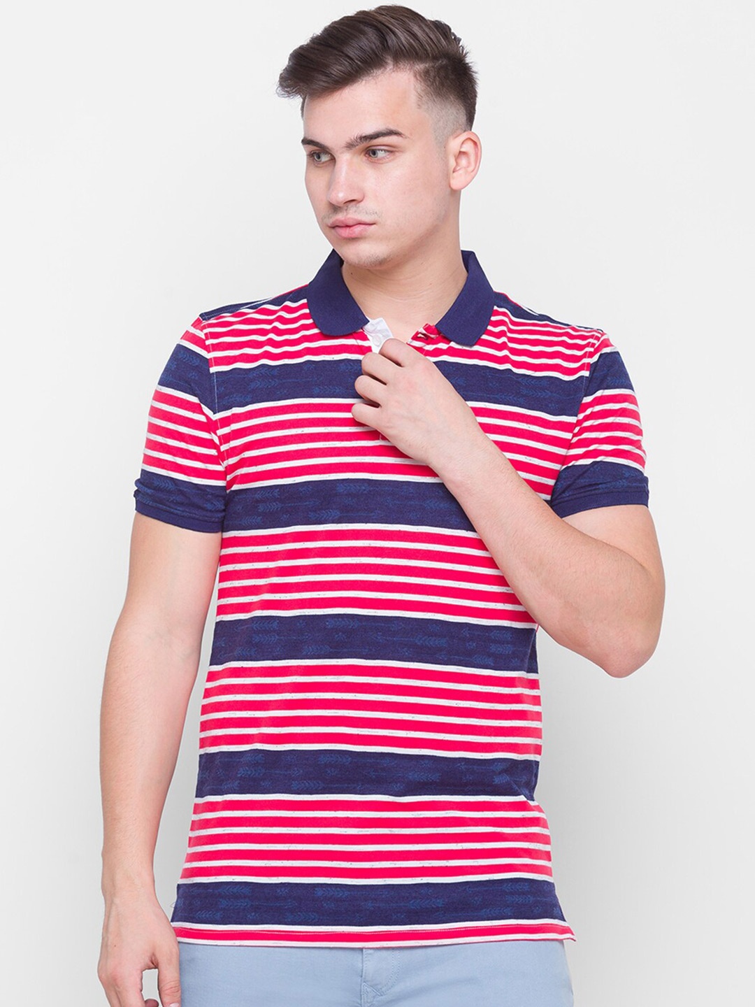 

Globus Men Navy Blue & Red Striped Polo Collar Cotton T-shirt