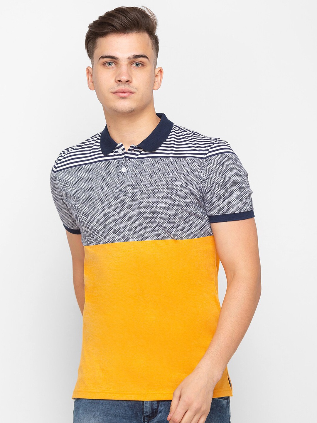 

Globus Men Mustard Yellow & Grey Printed Polo Collar Cotton T-shirt
