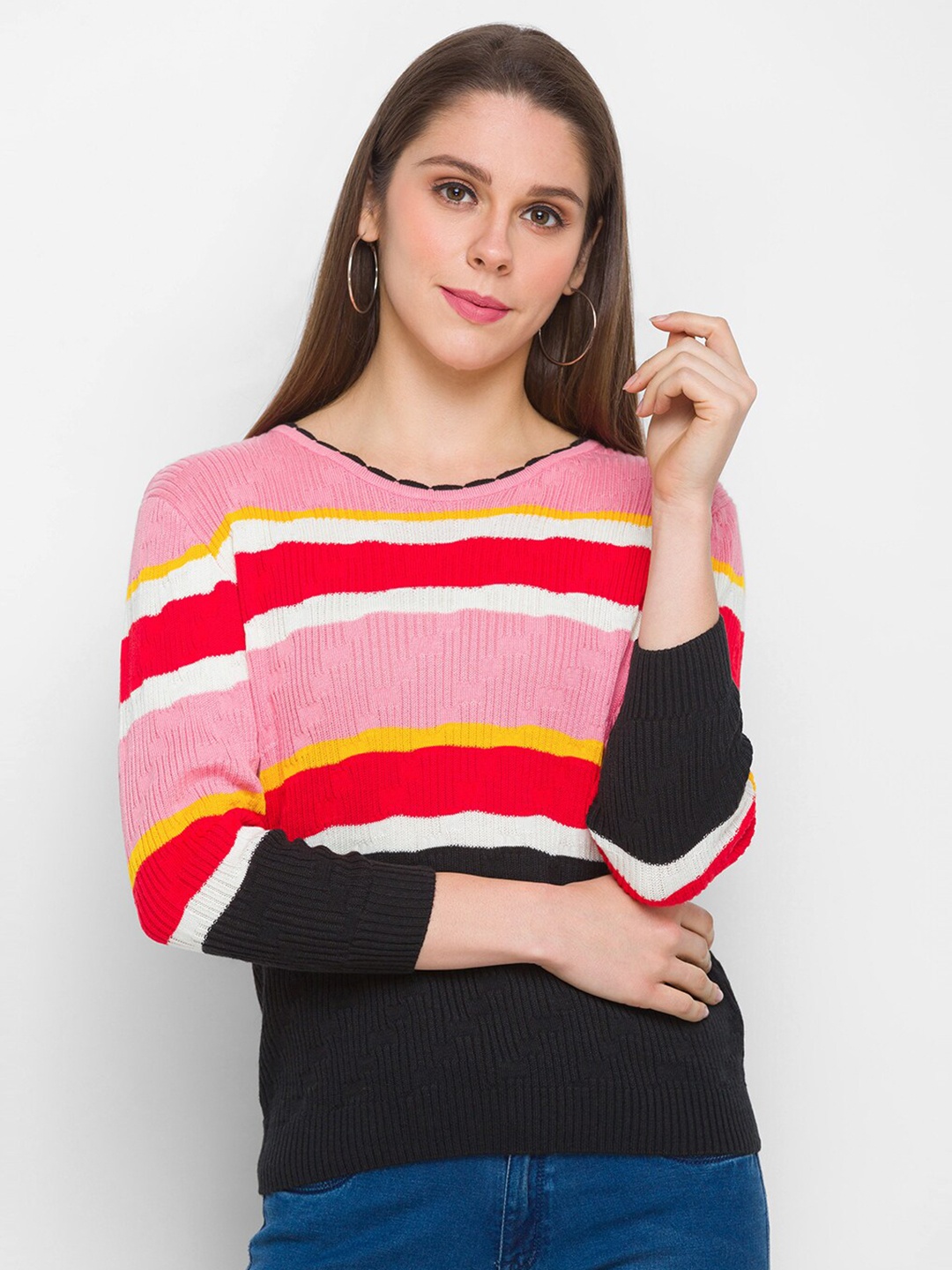 

Globus Women Pink & Black Striped Pullover Sweater