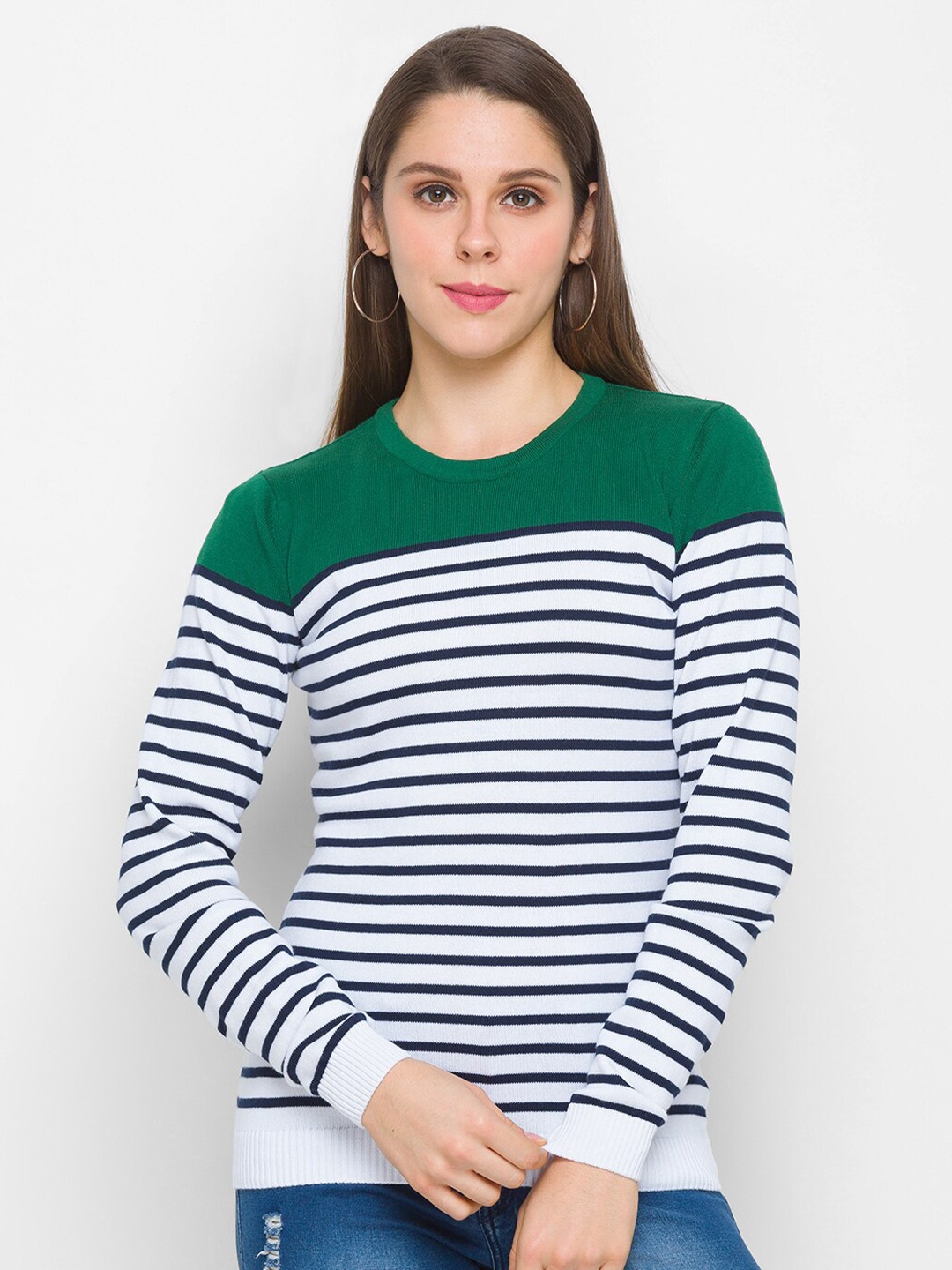 

Globus Women Green & Navy Blue Cotton Striped Pullover