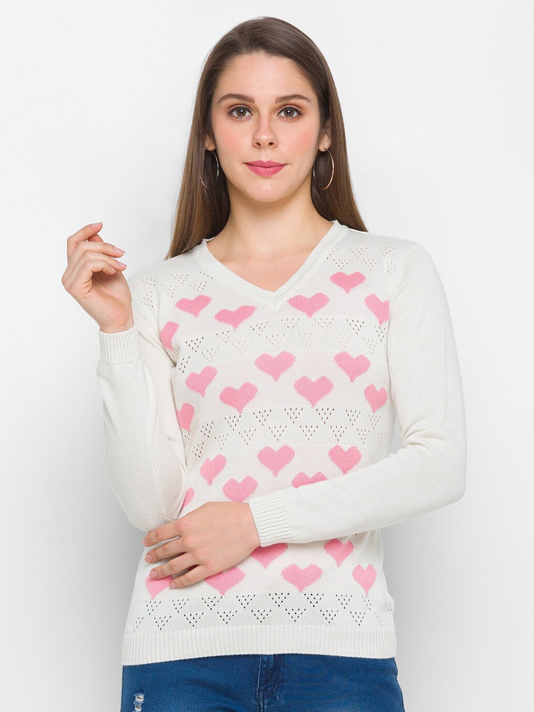 

Globus Women Cream-Coloured & Pink Self Design Heart Pure Cotton Pullover