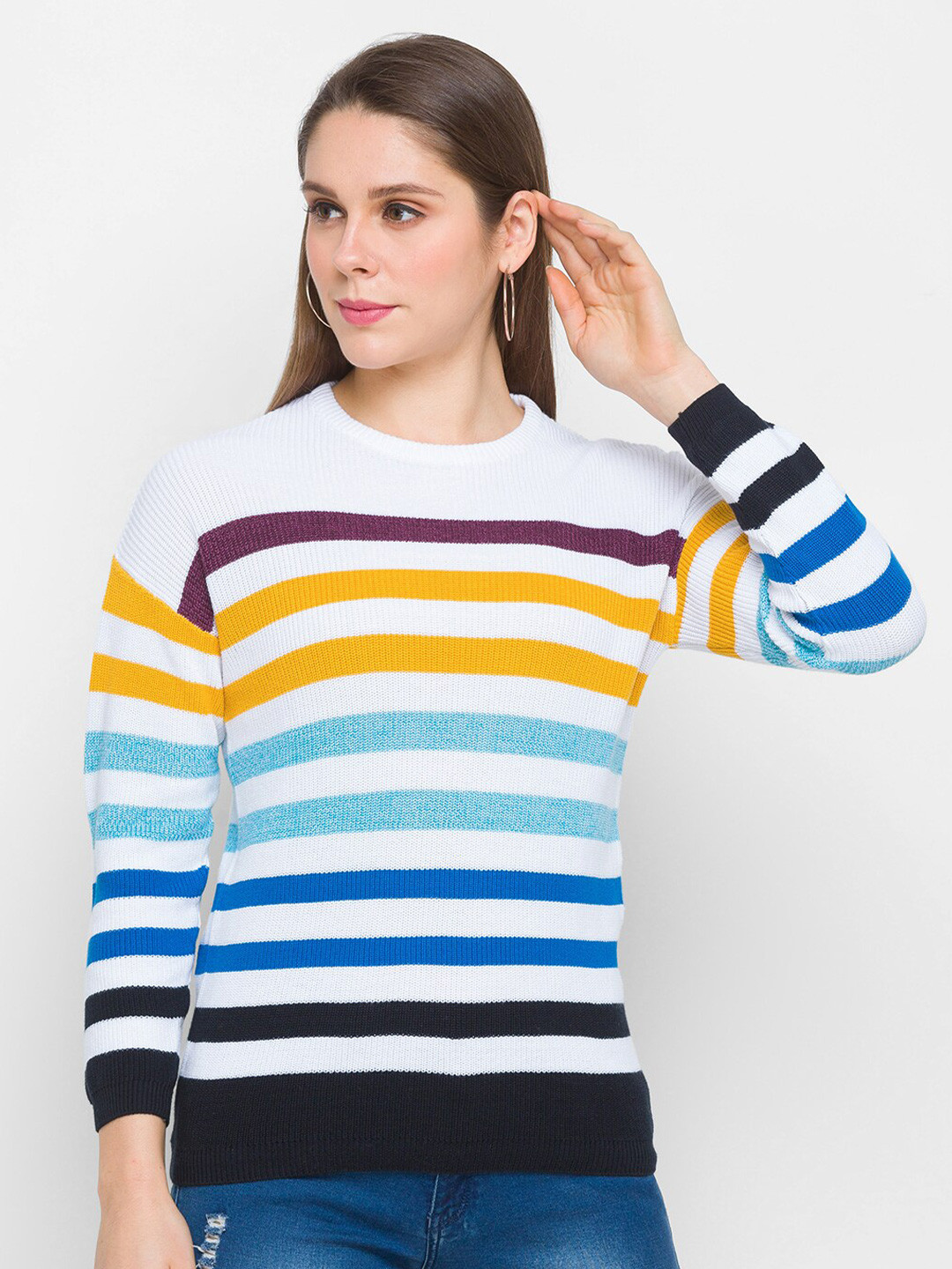 

Globus Women Multicoloured Striped Pure Cotton Pullover, Multi
