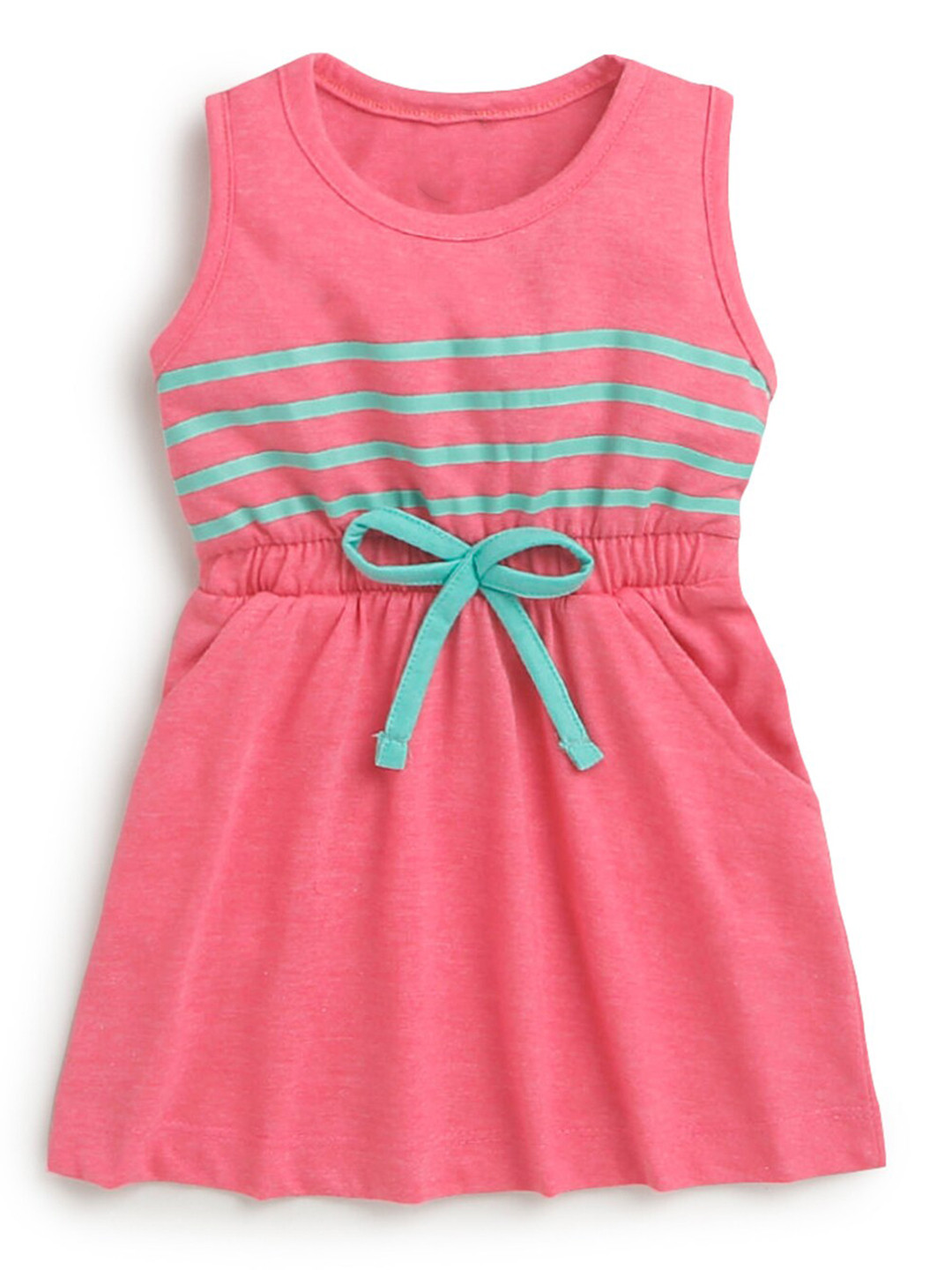 

Hopscotch Girls Pink & Green Striped Cotton A-Line Dress