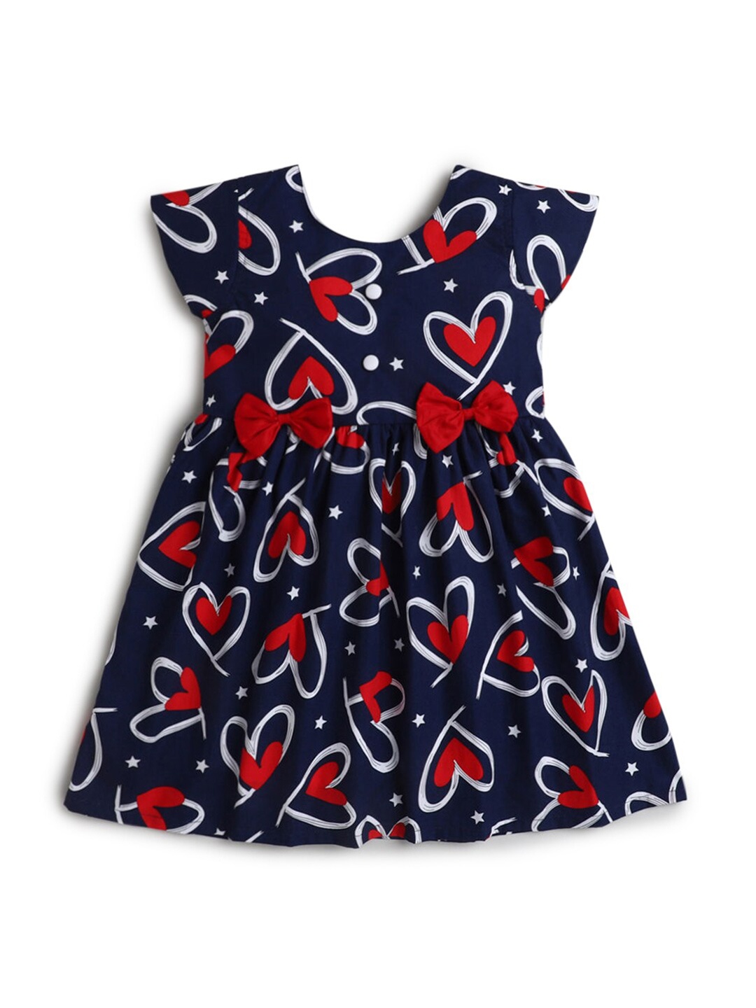 

Hopscotch Navy Blue & Red Heart Printed Cotton Dress