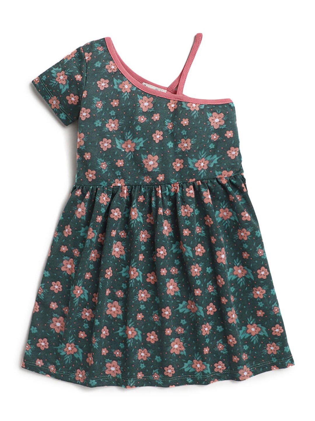 

Hopscotch Girls Green Floral Printed One Shoulder Dress