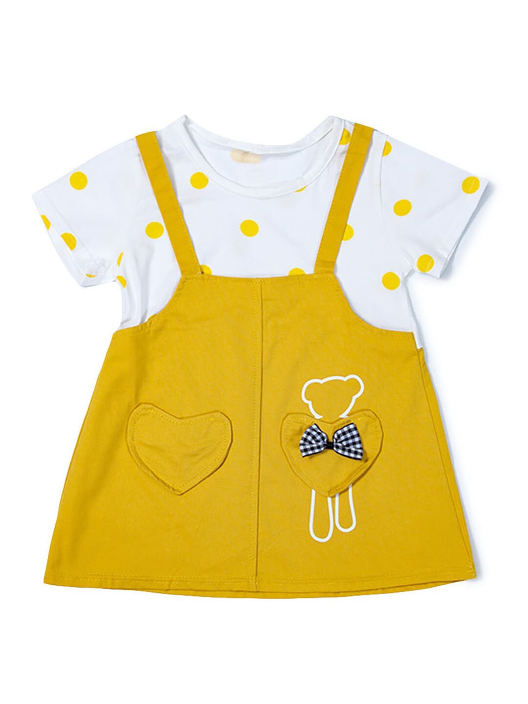 

Hopscotch Girls Yellow & White Printed Round Neck Pinafore Dress