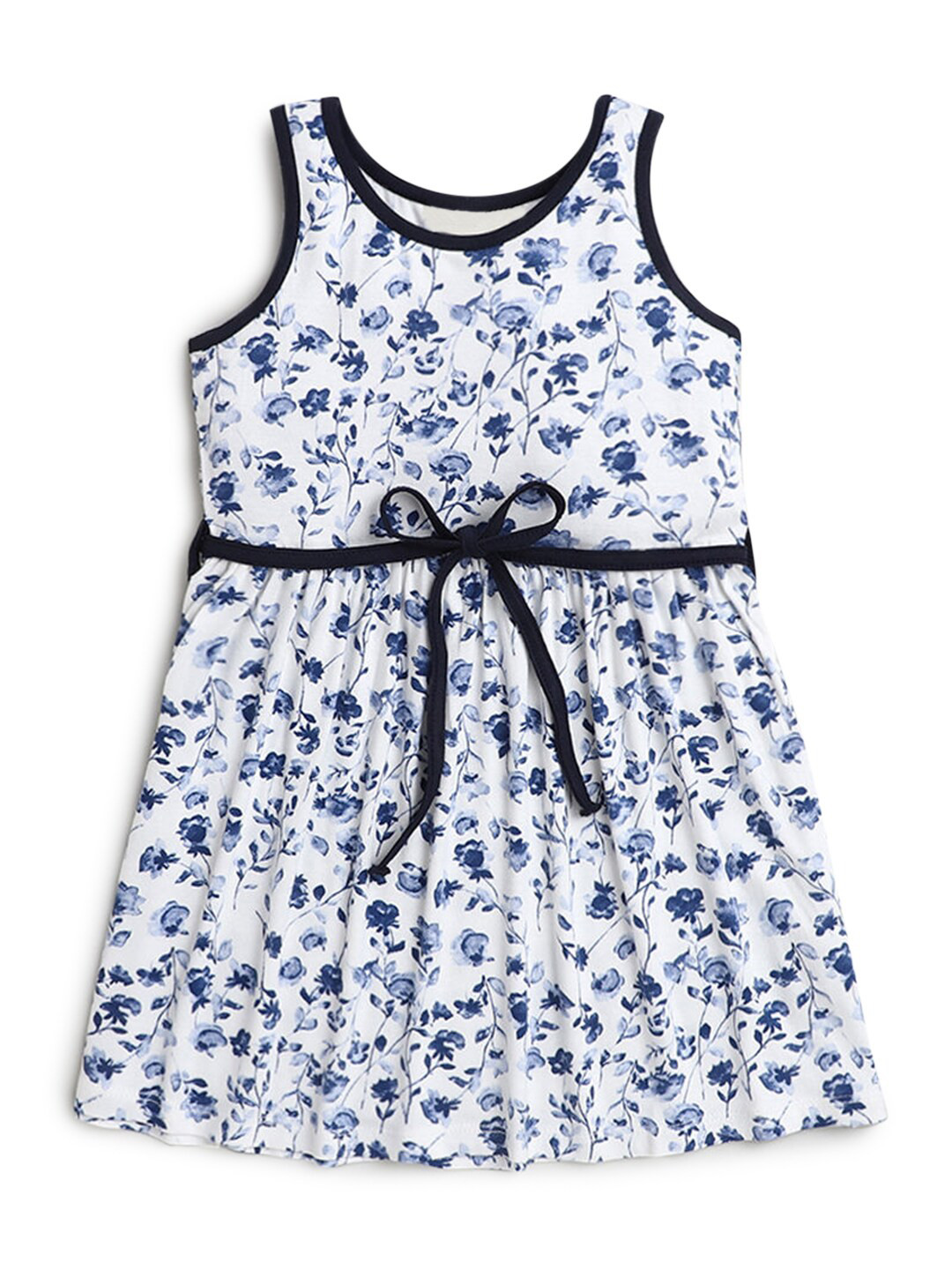

Hopscotch Girls Off White & Blue Floral Printed Belted Dress
