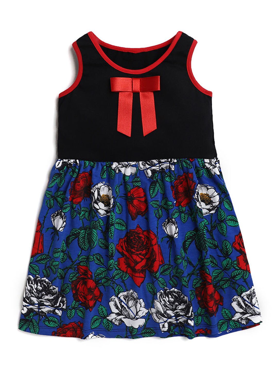 

Hopscotch Black & Blue Cotton Floral Printed Fit and Flare Dress