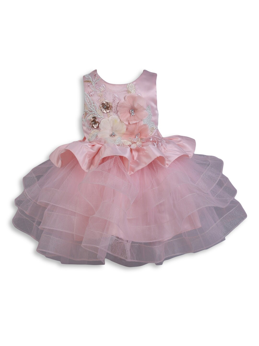 

Hopscotch Girls Pink & Gold-Toned Floral Embroidered Layered Dress