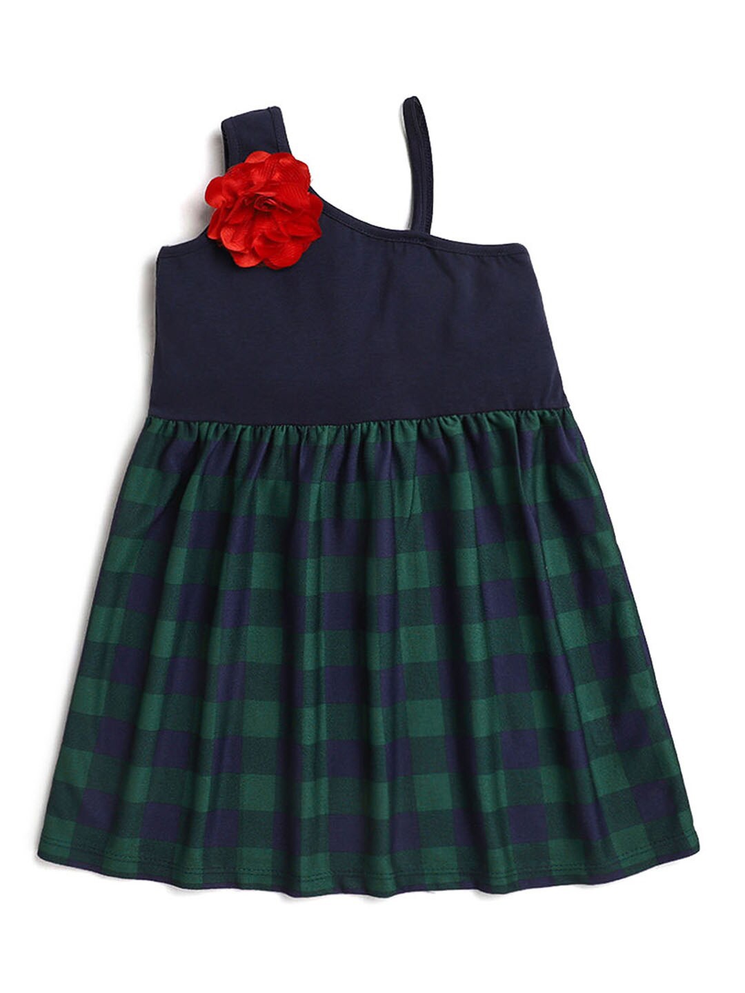 

Hopscotch Girls Navy Blue & Green Checked One Shoulder Pure Cotton Dress