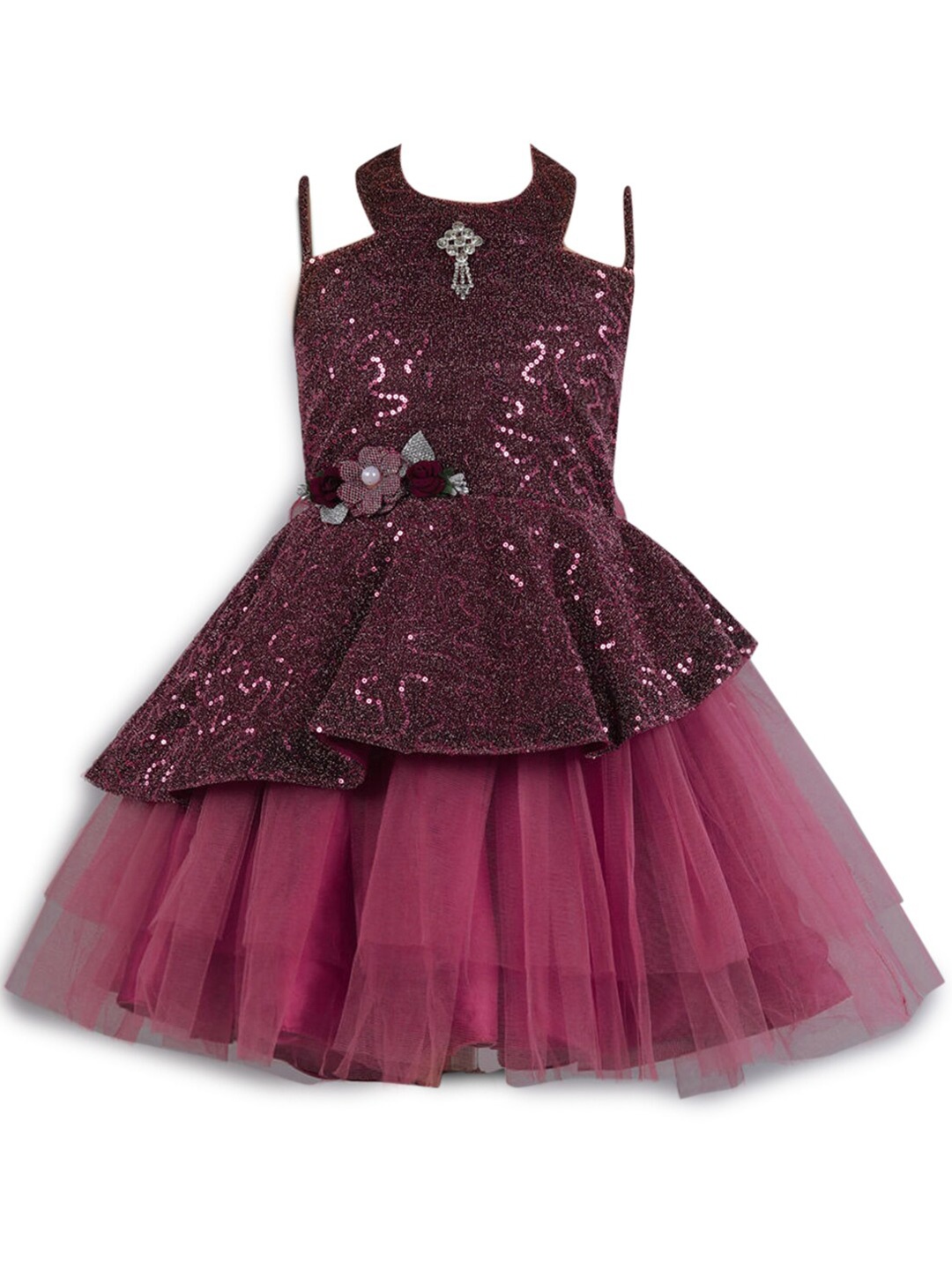 

Hopscotch Maroon Girls Embellished Fit & Flare Layered Party Dress