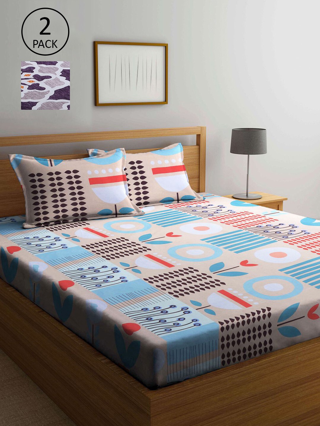 

KLOTTHE Grey & Blue Geometric 210 TC 2 King Bedsheet with 4 Pillow Covers