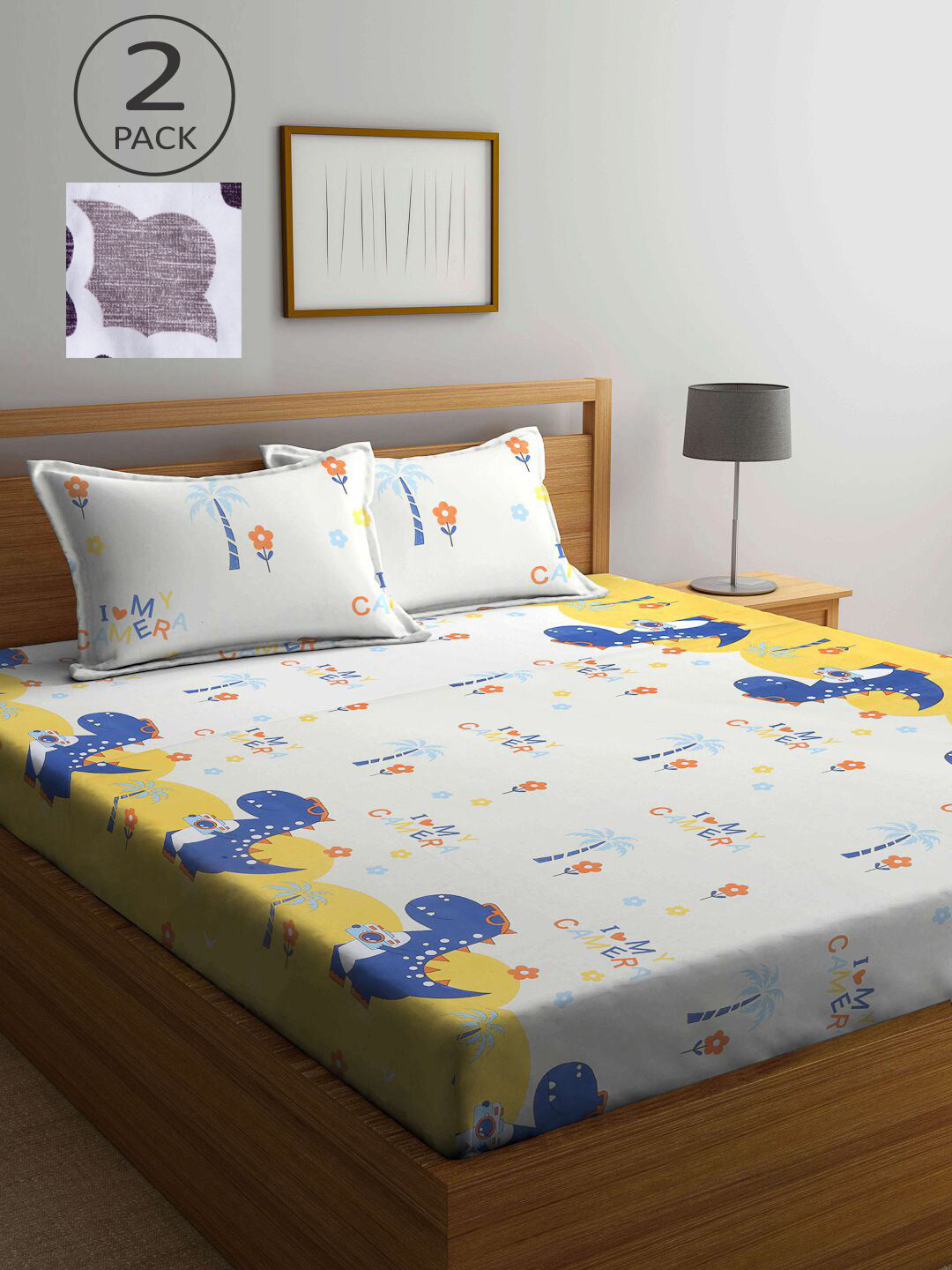 

KLOTTHE White & Purple Printed 210 TC Set Of 2 King Bedsheet with 4 Pillow Covers