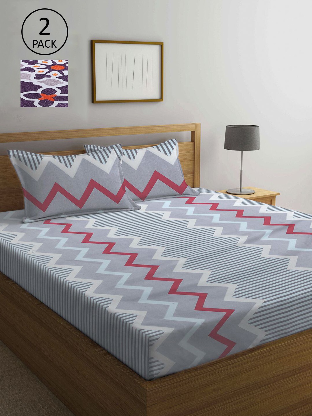 

KLOTTHE Grey & Purple Geometric 210 TC 2 King Bedsheets with 4 Pillow Covers
