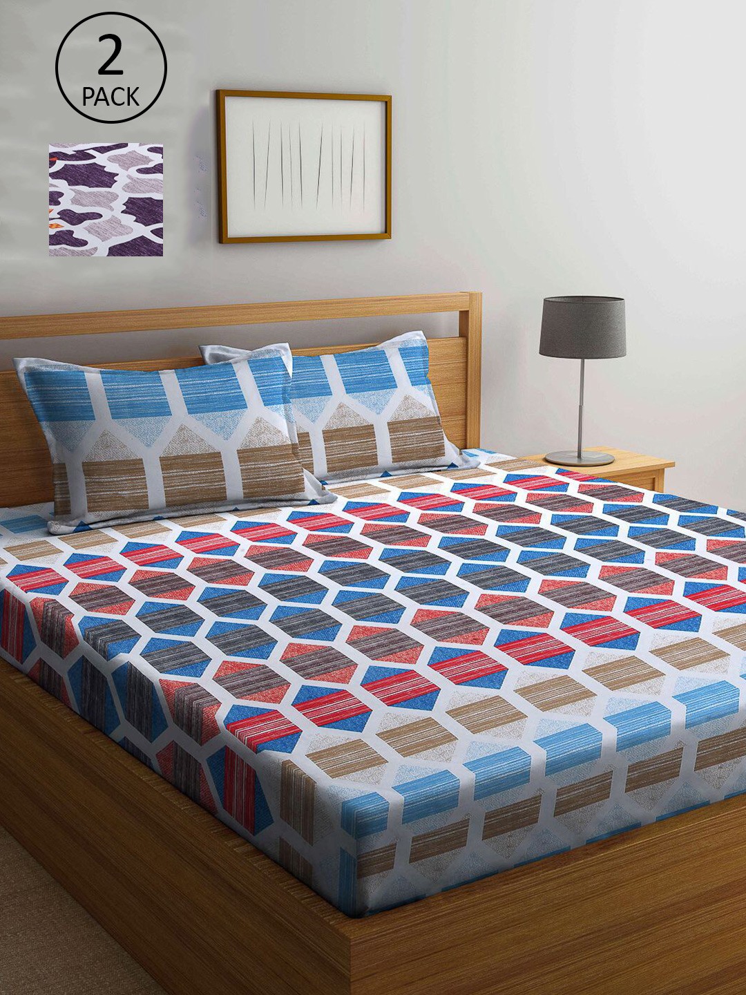 

KLOTTHE Blue & Mauve Geometric 210 TC 2 King Bedsheet with 4 Pillow Covers