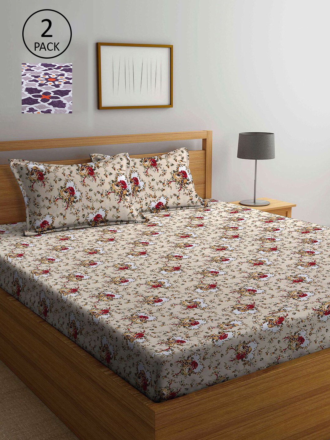 

KLOTTHE Tan & Grey Floral 210 TC 2 King Bedsheet with 4 Pillow Covers