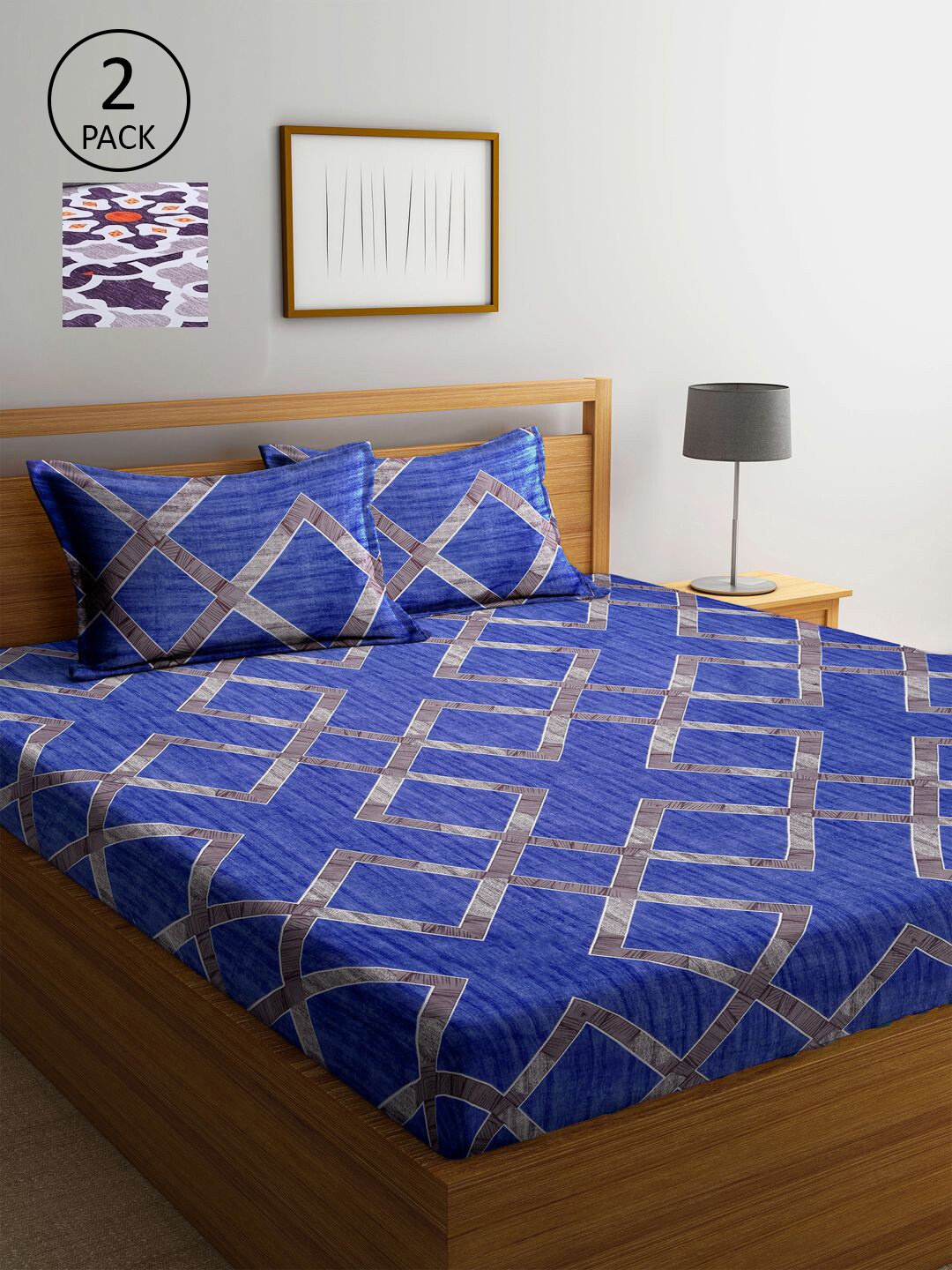 

KLOTTHE Set Of 2 Blue & Purple Geometric 210 TC King Bedsheet with 4 Pillow Covers