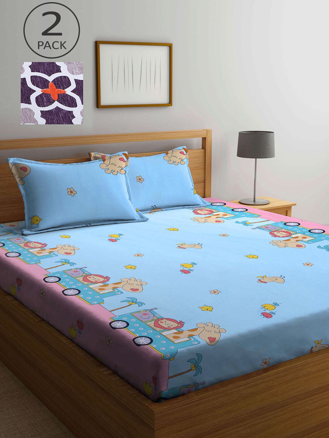 

KLOTTHE Blue & Mauve Cartoon Printed 210 TC 2 King Size Bedsheets With 4 Pillow Covers