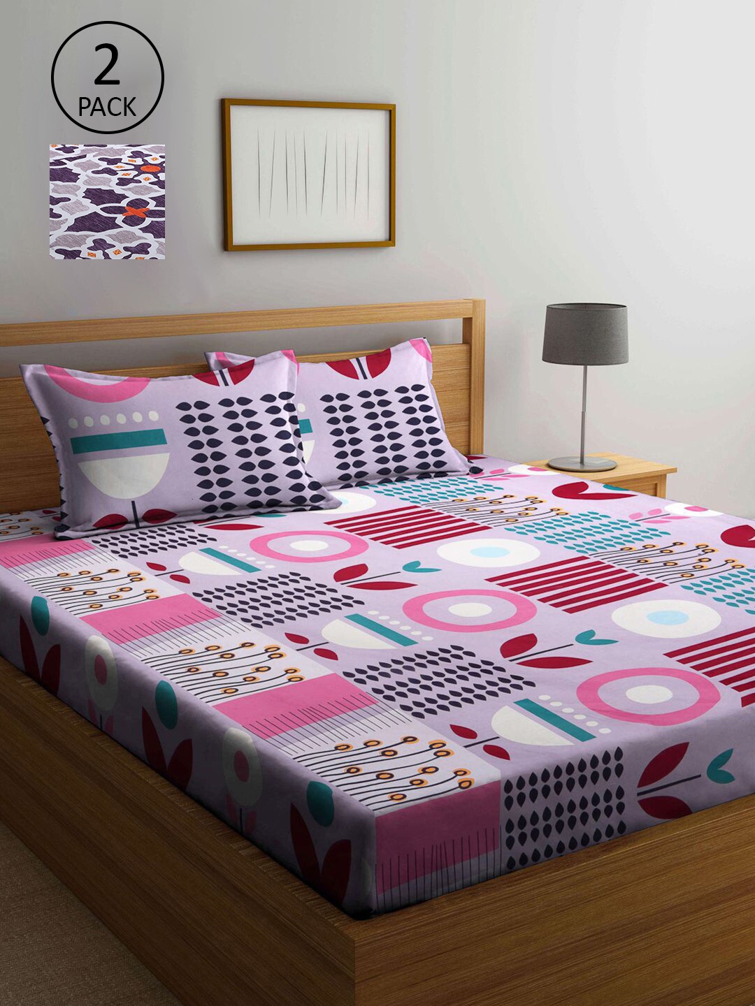 

KLOTTHE Grey & Pink Geometric 210 TC 2 King Bedsheet with 4 Pillow Covers