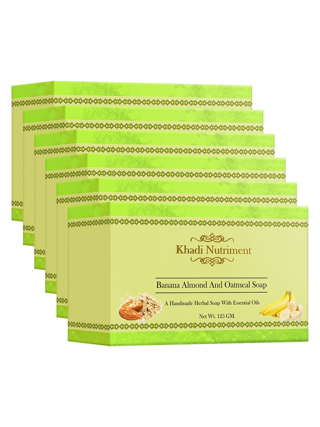 

Nutriment Khadi Set of 6 Banana Almond & Oatmeal Soaps with Essential Oils - 125g each, Lime green