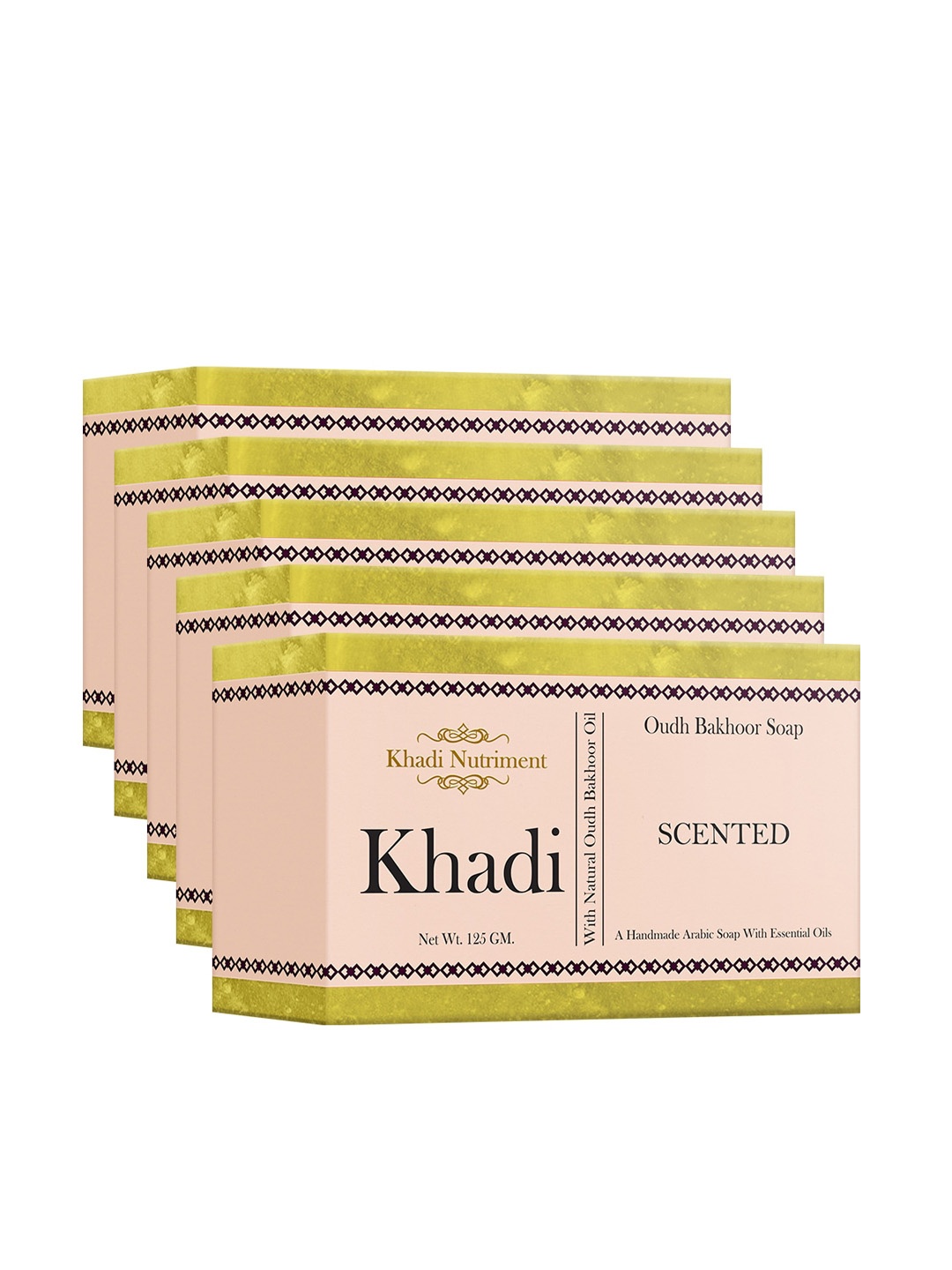 

Nutriment Khadi Set of 5 Scented Oudh Bakhoor Herbal Soaps with Essential Oils - 125g each, Pink