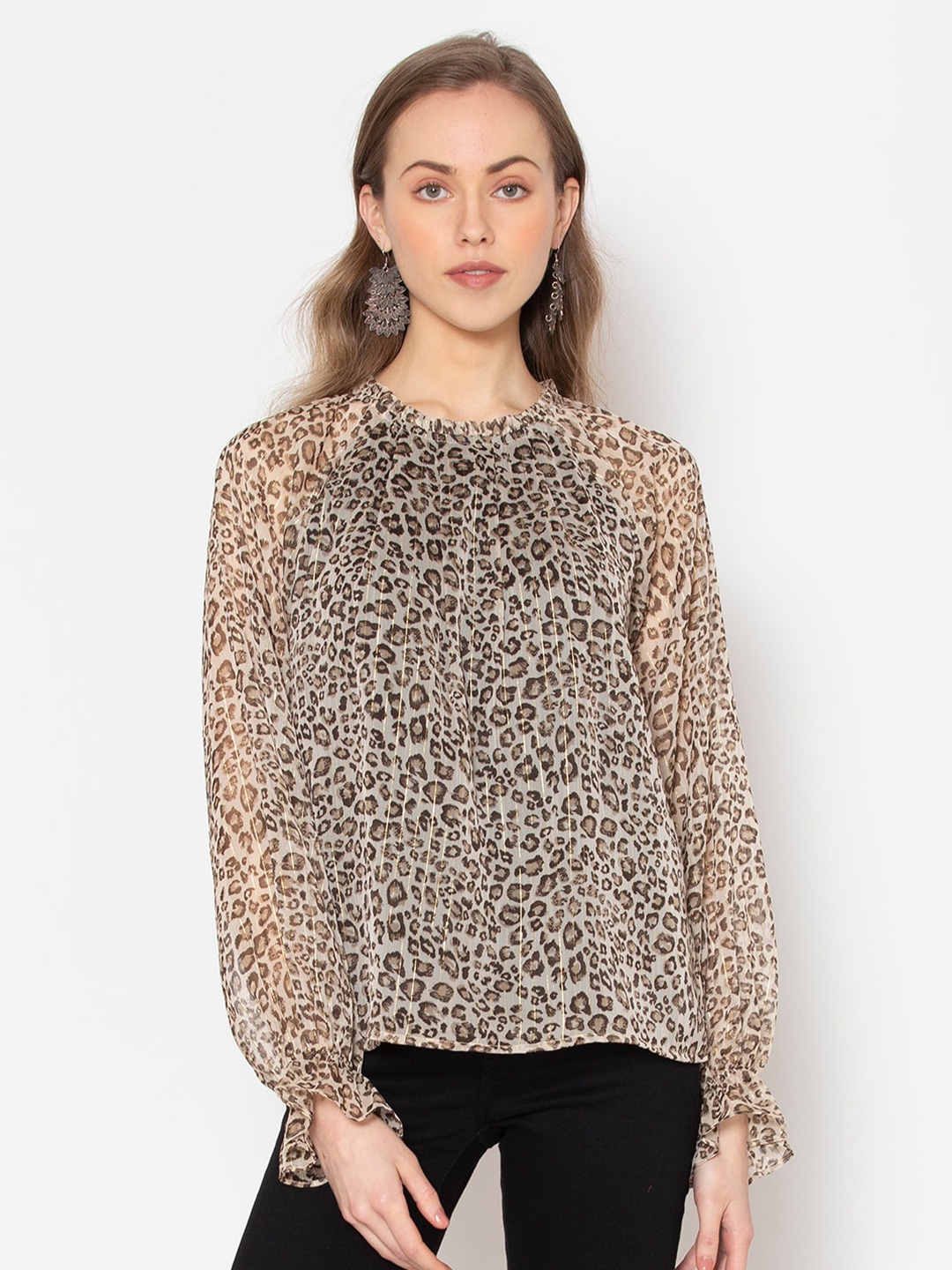 

FLAWLESS Women Brown & Black Animal Print Round Neck Chiffon Regular Top