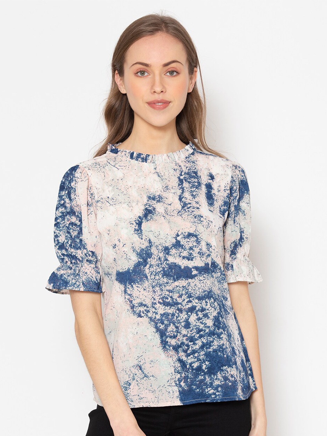 

FLAWLESS Blue & Beige Print Georgette Top