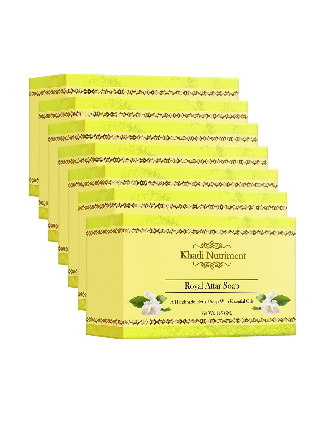 

Nutriment Khadi Set of 7 Royal Attar Herbal Soaps with Essential Oils - 125 g each, Yellow
